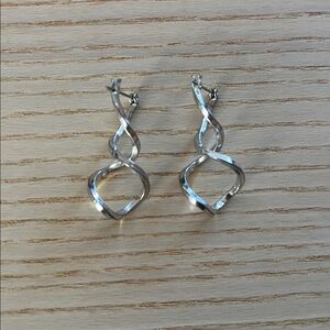 Silver Tone Double Spiral Twist Dangly Drop Earrings